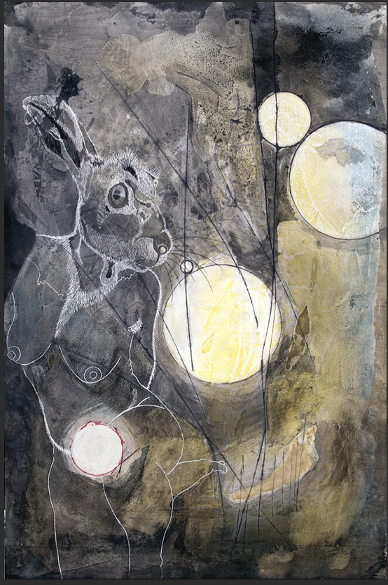 Mixed media painting of hare headed woman in cosmos