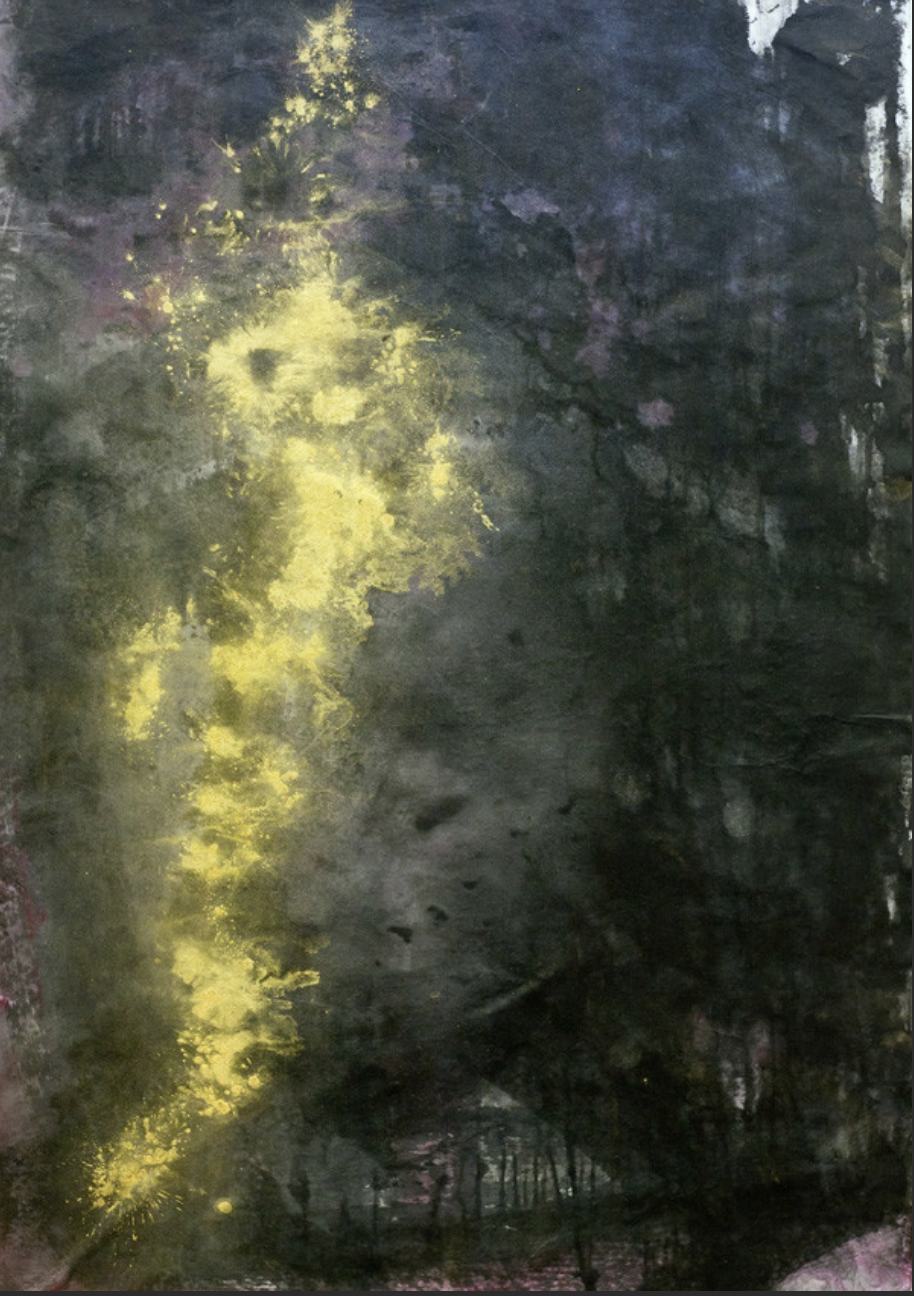 abstract painting on paper mixed media gold pigment and black