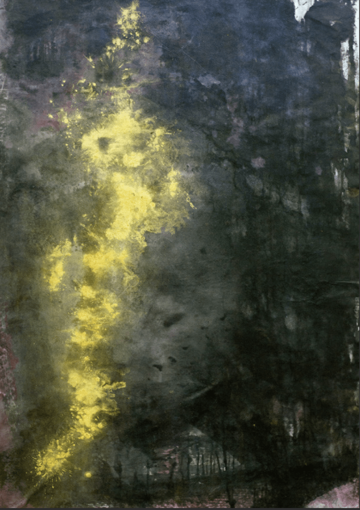 abstract painting on paper mixed media gold pigment and black