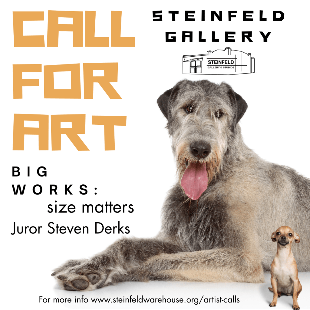 Call for artists image with a very large dog and a tiny dog illustrating size differences